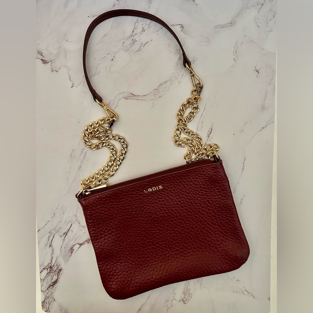 LODIS Merlot Goldtone Chain And Leather Medium Casual Crossbody Bag